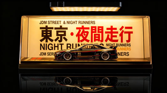 JDM "Tokyo Night Runners" UV Printed Acrylic Display Box - Clear Showcase Case for 1:64 / 1:43 Scale Diecast Model Cars (AE86, Skyline, Supra, GTR)