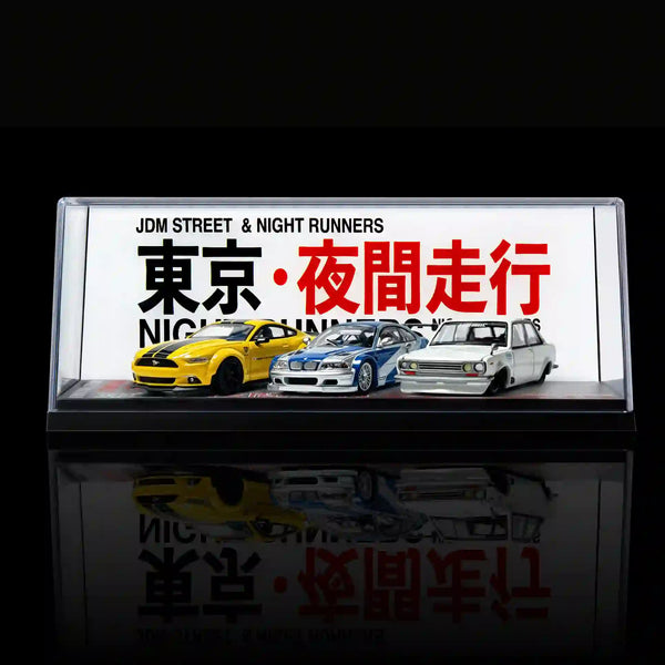 JDM "Tokyo Night Runners" UV Printed Acrylic Display Box - Clear Showcase Case for 1:64 / 1:43 Scale Diecast Model Cars (AE86, Skyline, Supra, GTR)