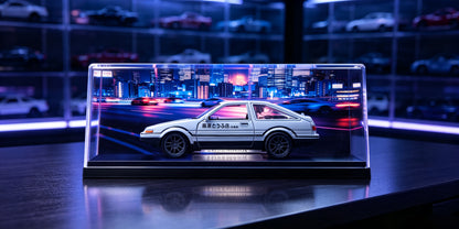 Clear UV Printed Acrylic Car Model Display Box, Tokyo Night Street JDM Diecast Showcase for AE86 Skyline Supra Scale Models