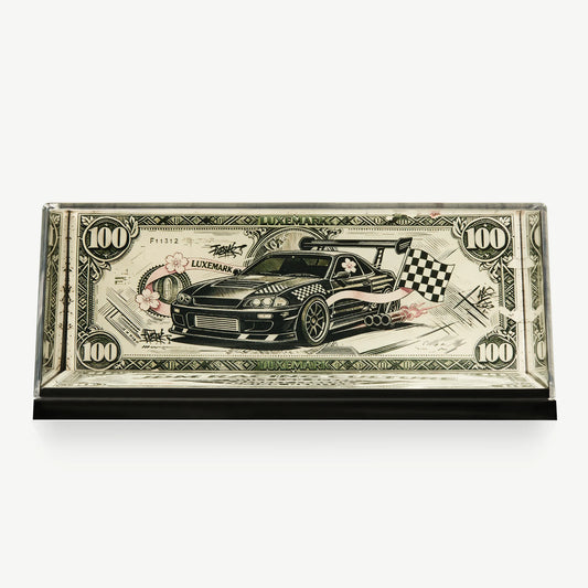 LUXEMARK Clear display case with banknote-inspired car artwork, green ornament and pink accents