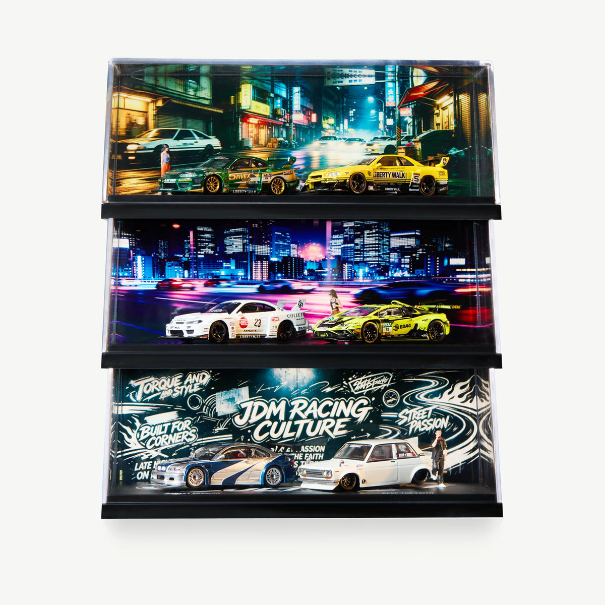 Three stacked LUXEMARK 1:64 JDM display cases with Tokyo street, night highway and Racing Culture backdrops